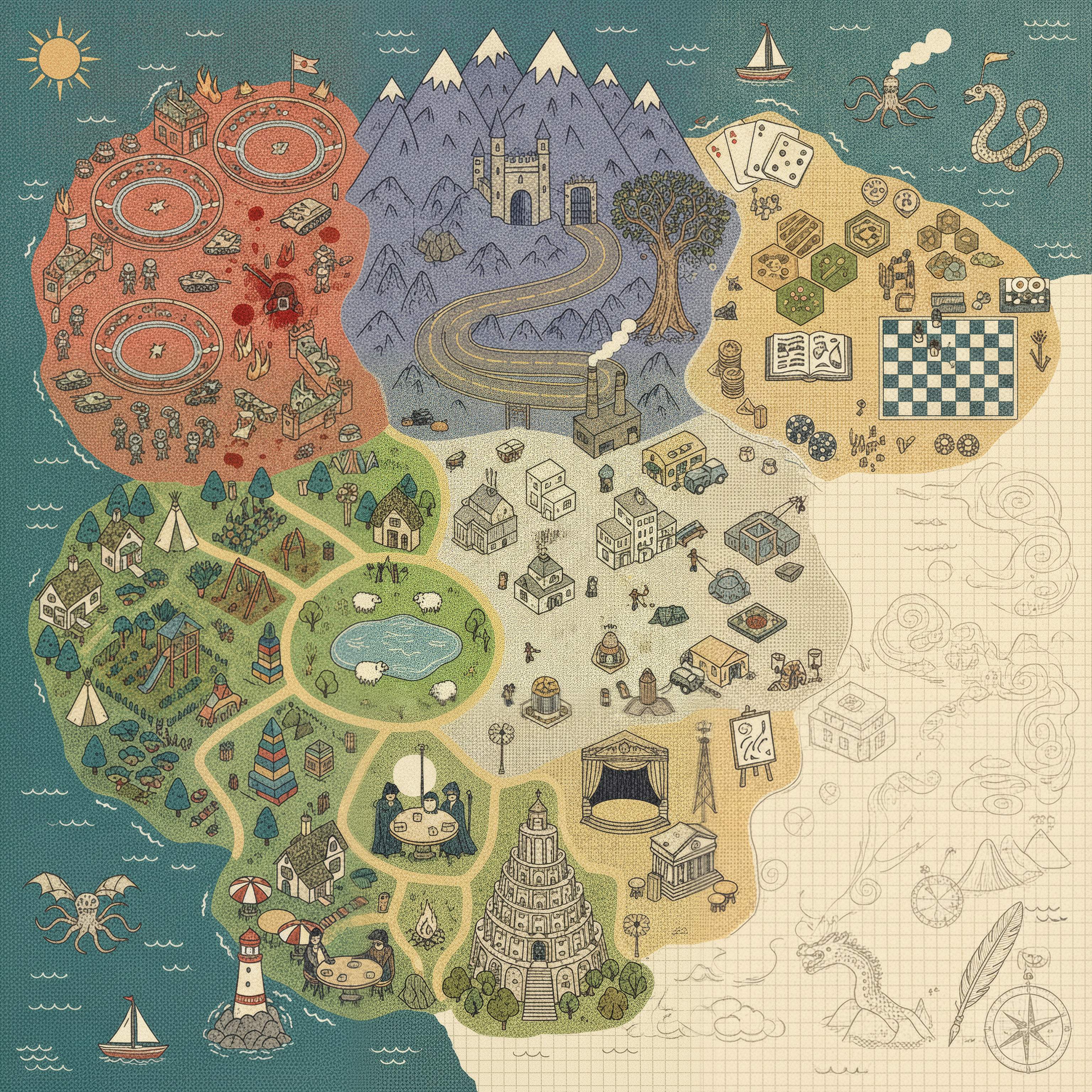 A 1930s pictorial-style illustrated map of the softmax universe.